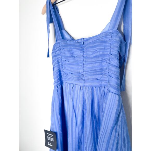 NWT Lulus Destined To Charm Blue Stripe Romper Small Ruched Tie Strap Babydoll - Picture 11 of 12